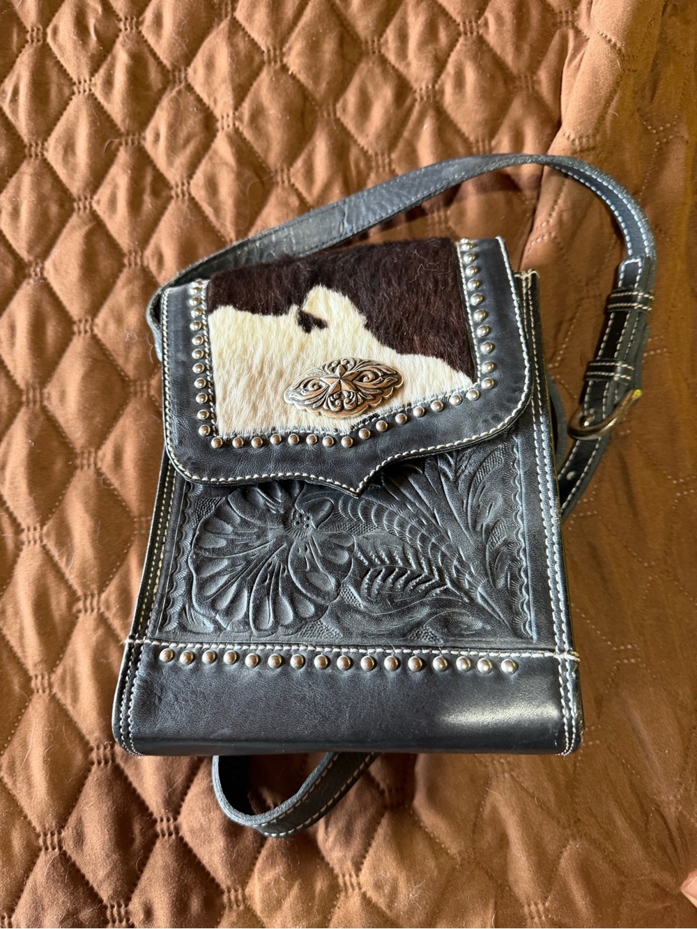 American West Black Leather Crossbody with Brown and White Cowhide Flap